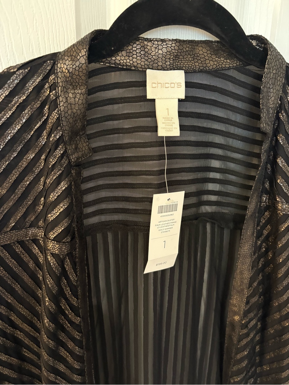 Chico's Black Sheer Stripe Metallic Fringe Duster - Picture 3 of 5